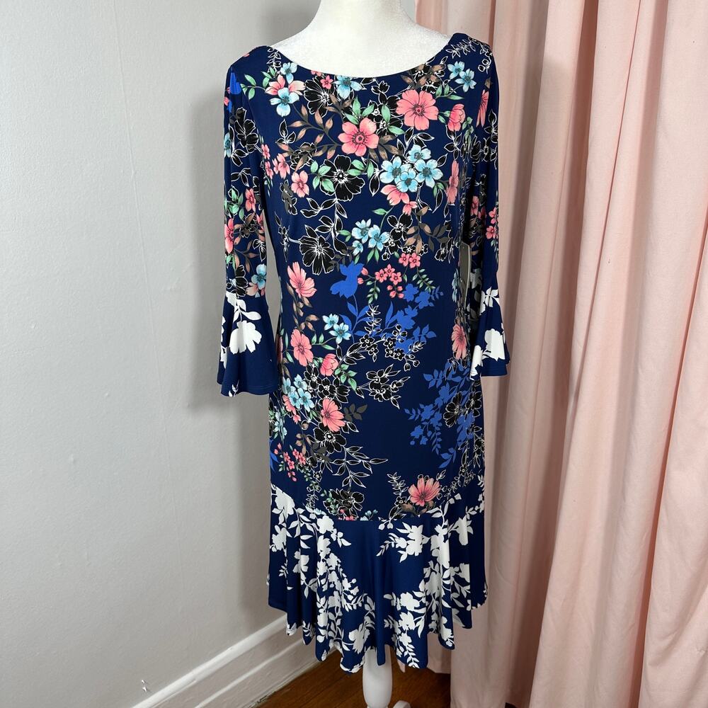 Eliza J Womens 4 Navy Floral Bell‎ Sleeve Sheath Dress Ruffle Hem NWT Nordstrom